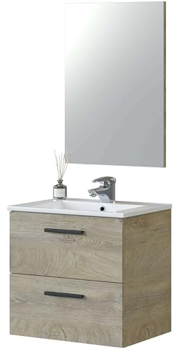 Miroytengo Mueble de Baño Aruba Estilo Natural en Color Roble Alaska con 2 Cajones + Espejo 57x60x45 cm (Sin Lavabo)