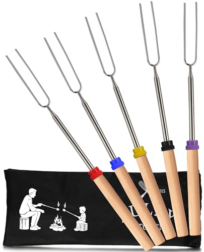 Zulay Kitchen Sturdy Marshmallow Sticks for Fire Pit Extra Long - Smores Sticks Kit - Marshmallow Roasting Skewers - Hot Dog Fork Bonfire Glamping Camping Accessory 32 5 Pack Bundle