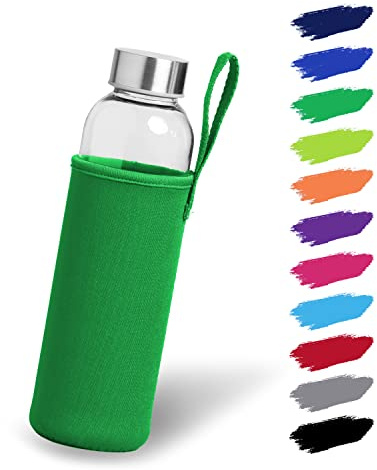 NOMA Gourde en verre 0,5 l, avec housse en néoprène, 500 ml, 600 ml et 1000 ml, avec étui de protection et bouchon en acier inoxydable, pour le sport, le bureau, l'école et l'extérieur, verte