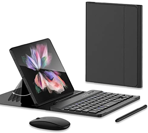 COQUE Mouse Bluetooth, tastiera, custodia in pelle, stilo + penna slot kit da scrivania, supporto per custodia per telefono cellulare per Samsung Galaxy Z Fold 4/3/2/1-Nero