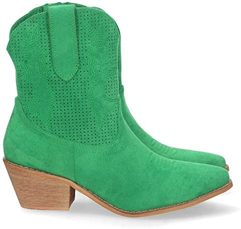 71522 Botin de Tacon Campero para Mujer, Comodo, con Perforado Mil Puntos en Cana, Bordado, y Cierre de Cremallera, Primavera Verano 2023 Verde Talla 36