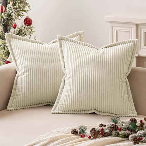MIULEE Kordsamt Kissenbezug Weiche Kissenhülle Dekorative Sofakissen Quadratische Dekokissen Moderne Zierkissenbezug Gestreifte Kissenbezüge für Schlafzimmer 2 Stück 60x60 cm, Creme