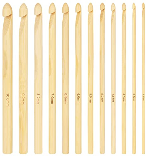 Aeelike 12 Stück Bambus Häkelnadeln Häkelnadel Große Größen, 3-10 mm Robuste Inline Häkelnadel Set für Anfänger, Profis, Extra-Lang Häkelnadeln Set mit Ergonomische Handgriff für Arthritische Hände