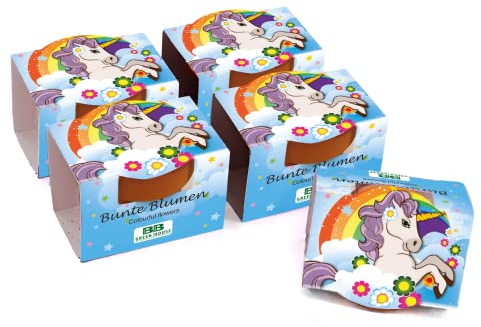 Bull & Bear 5er Set Mini Pflanzset 'Einhorn' mit Blumensamen im Topf 4,5cm, bunte Blumen als Anzuchtset mit Pflegeanleitung