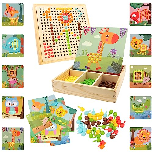 RANJIMA Mosaik Steckspiel, Mosaik Bastelset Kinder, Steckspiel ab 3 4 5 Jahre,mosaik steckspiel Pegboard mit 240 Steckperlen 10 Bilder, Montessori Spielzeug Geschenke für Kinder Mädchen Jungen (Wald)