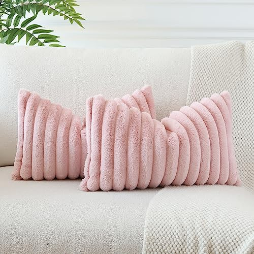 Soleebee, set di 2 fodere per cuscini in velluto e pelliccia sintetica, morbide, decorative, 30x50 cm, colore rosa cuoio, per arredamento casa e veicoli