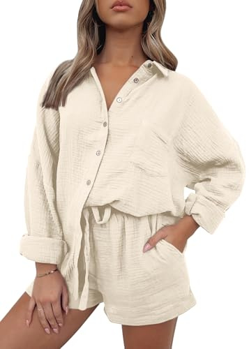 AUTOMET 2 Piece Outfits For Women Lounge Sets Pajama Sets Long Sleeve Button Down Oversized Shirts And Shorts Fall Tracksuit