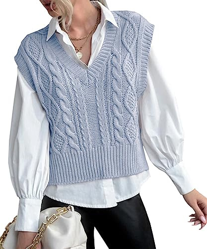 Tongmingyun Gilet sans manches pour femme en tricot avec col en V Pullover en tricot basique uni Tank Top pour le travail et les loisirs Gilet en maille pour femmes, bleu, S