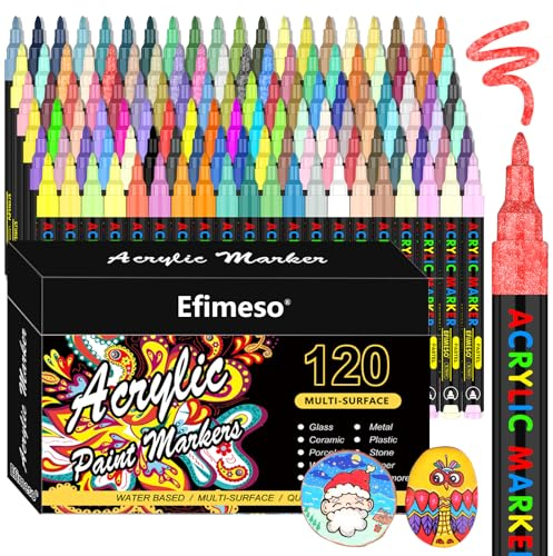 Efimeso für Steine Wasserfest-120 Farben Multimarker für Holz Felsen Malerei Keramik Stein Glas Metall,0,7mm Extra feine Spitze Wasserfeste Stifte