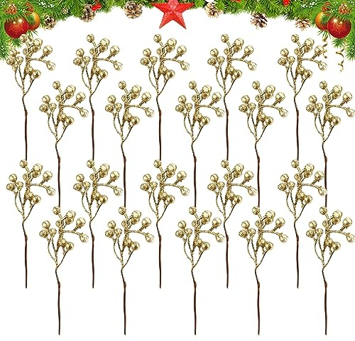 20 Pezzi Natale Artificiale Rosso Bacche Steli, Natale Bacche di Agrifoglio rami, inverno Rosso Bacche stelo Ramoscello per albero di Natale Wreath fai da te Craft Making Decorazioni Forniture (Oro)