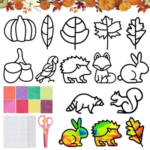 TUIBEIDAMAI Herbst Bastelset Kinder, 12 Stück Herbstdeko Basteln Kinder, Bastelvorlagen Fensterbilder Herbst, DIY Bastelset Blätter Deko Geschenk