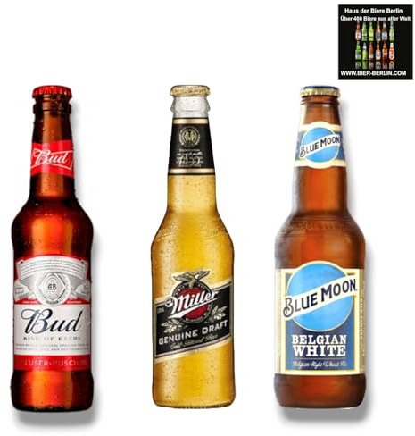 Bud Bier, Miller Genuine Draft & Blue Moon- Amerika Mix - USA 24 x 330ml - Inkl. Haus der Biere Berlin Bierdeckel