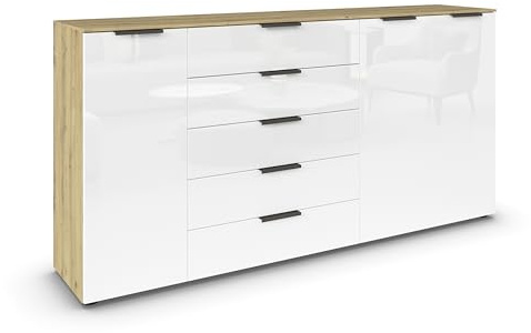 Rauch Möbel Flipp, Kommode, Farbe Glas Weiß/Eiche Artisan, Breite 199 cm | Sideboard, 3-türig, 5 Schubladen, Glasfront, Soft-Close-Funktion, für Schlafzimmer, Gästezimmer, Wohnzimmer, Garderobe, Flur