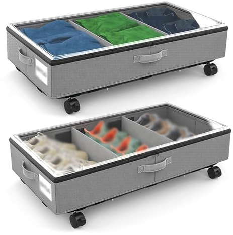 Metall-Unterbett-Schuh-Organizer mit Rollen, 2 Stück – Rollbehälter für Kleidung, Spielzeug, Decken – unter dem Bett