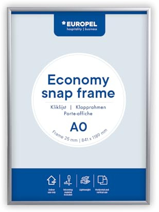 Europel Economy Klapprahmen, A0, Farbe Silber, Profil 25 x 11 mm, für Poster 84,1 x 118,8 cm, eloxiertes Aluminium, Antireflexfolie, Anzeige von Werbung, Hotel, Büro, Restaurant, Speisekarten