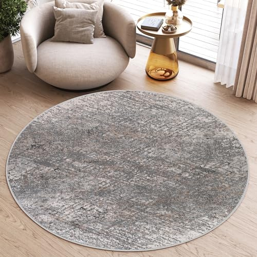 TAPISO Valley Rund Teppich Kurzflor Weiß Grau Verwischt 200 x 200 cm | Used Effekt Meliert Verwischt Abstrakt Modern Wohnzimmer Schlafzimmer OEKO-TEX