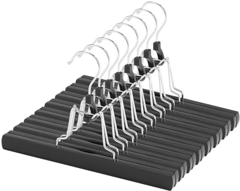AMKUFO 12 Pack Black Wooden Pants Hangers with Clips Non Slip Skirt Hangers Trouser Clamp Hanger Solid Wood Hanger with 360° Swivel Hook