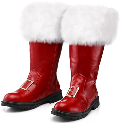 Liitrsh Christmas Santa Claus Boots Men's Wide Calf Santa Combat Boots with White Plush Cuffs Foot Bells Buckle Strap for Halloween Christmas Costume(Red,Us 12-13,Buckle Strap)