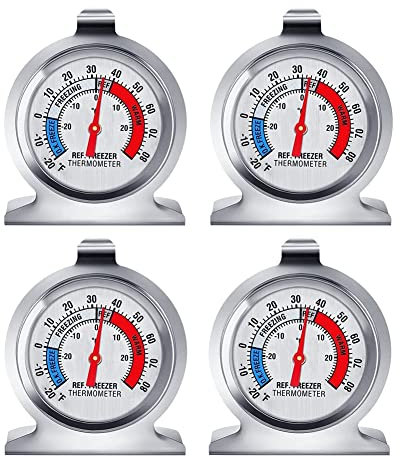 Stroagymoon 4Pc Refrigerator Thermometer, with Red Indicator Thermometer for Freezer Refrigerator Cooler with Hanging Hook and Stand
