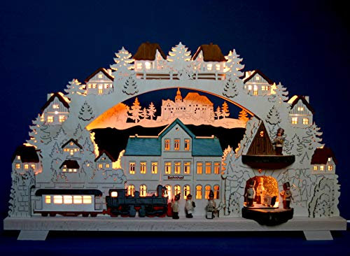 Großer 3D - Schwibbogen 68cm Bahnhof mit Zug und Bergwerk - Handarbeit aus dem Erzgebirge - Lichterbogen für Weihnachten