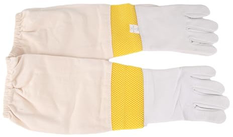 Knnuey Imkerhandschuhe, Imkerwerkzeuge, Weißes Leder, Goldgelbes Netz, Kurzes Netz, Atmungsaktive Handschuhe, Bienenschutzwerkzeuge