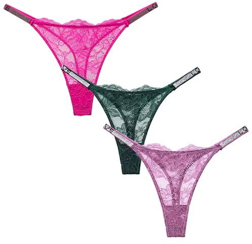 Maeau spets tanga dam 3-pack G-string stretch strass trosor transparent nät underkläder trosor glitter sexiga underbyxor trosor spets string trosor EU XS-L (Asie S-XL), Grön + rosa + lila, M