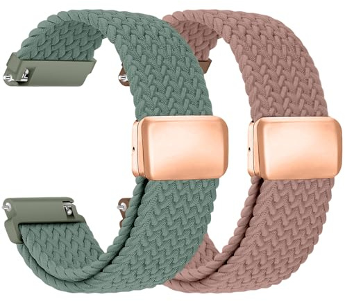 chinbersky Nylonflätad klockrem 20 mm klockarmband 22 mm med magnetiskt spänne, för herr dam elastiskt ersättningsarmband, Tallnålsgrön/sandrosa, 22mm