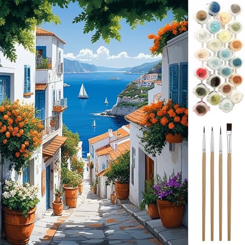 Ninonly Pintar por Numeros Adultos DIY Pintura por Números con Pinceles, Pigmento Acrílico Kit de Pintura al óleo Digital para Adultos y Niños 40 x 50cm Pueblos