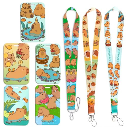 Glixoft 5 uppsättningar nyckelringar, halsband, capybaras, ID-hållare, nyckelband, vacker korthållare för ID-kort, kontor, skola, busspass