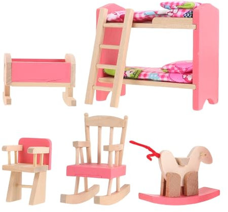 JOINPAYA Wooden Dollhouse Bedroom Furniture: Doll Bunk Bed Rocking Horse Chair, DIY 1:12 Scale Miniature Doll House Decoration Accessories for Ages 3+ Role-Playing