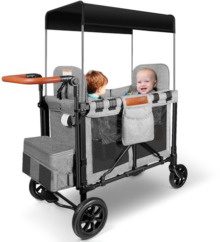 Badovinci Carrito para 2 niños, carro plegable con 2 asientos altos con arneses de 5 puntos y toldo ajustable, perfecto para jardín, camping, carrito de comestibles