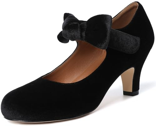 Mostrin Black Kitten Heels for Women Bow Mary Jane Pumps Closed Round Toe Low Heels Ankle Strap Dress Shoes for Wedding Evening Church Size 6