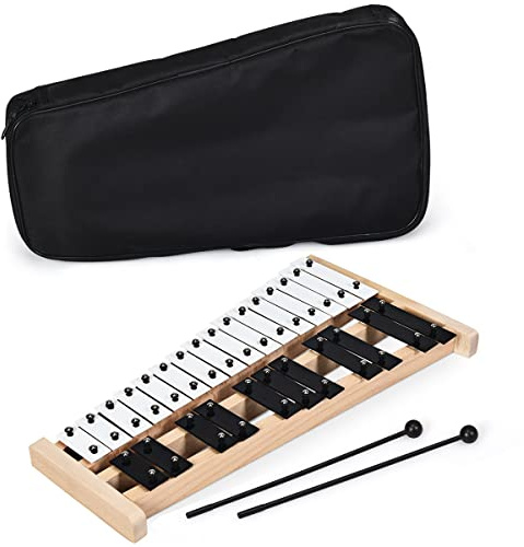 GOPLUS 27 Noten-Glockenspiel Xylophon, Glockenspiel Xylophon in voller Größe mit 27 Metalltasten, Schlaginstrument mit Holzbasis, 2 Gummiklöppeln, 1 Tragetasche, geeignet für Kinder und Erwachsene