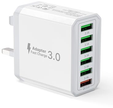 USB Plug UK, 33W 6 Port Multi Plug Multiport Charger Head with QC 3.0 Fast Charging, USB Plug Adaptor UK Wall Power Adapter Mains for iPhone 16 15 14 13 12 11 10 Pro Max Plus XS 8 7 6 5, Samsung, iPad