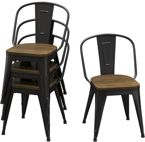 Homvinax 18 Inch Dining Chairs Set of 4, Farmhouse Metal Chairs with High Back and Wooden Seat, Stackable Industrial Bar stools for Dining Room(Black)