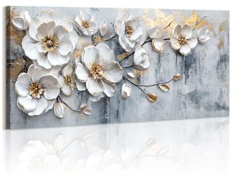WENGTIAO Stampa su Tela Peonia Bianca Floreale Con Cornice Grande | Quadro su Tela Pittura Estetica Fiori Bianchi Quadro Moderno Soggiorno Camera da Letto Decorativo Parete 120x50 cm