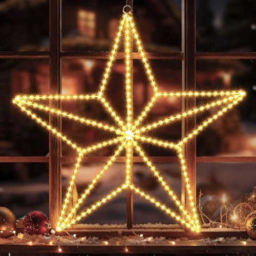 GlobaLink LED Weihnachtsdeko Fenster - 3D Fünfspitzstern Eisenleuchten mit Stecker (Netzbetrieb), 282 Warmweiß-LEDs, Faltbar, Indoor/Outdoor für Schlafzimmer, Weihnachtsfeier & Außenbereich | Faltbarer Leuchtstern mit Stecker für Innenbereich, geeignet für Weihnachten, Party und Fensterdekoration