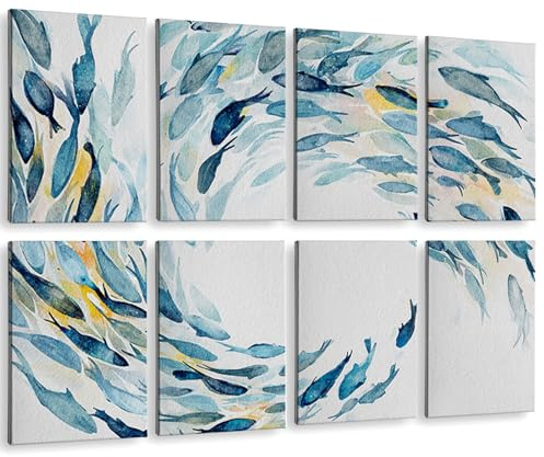 ARPEOTCY Acoustic Art Wall Panels for Bedroom, Recording Office, podcast, TV, 48x32in, Ocean Wall decor, Watercolor Fish Art Picture, Soundproof Sound Absorbing, 8pcs
