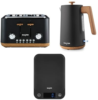 Salter Toronto Kettle, Toaster & Scale Set – 1.7L Electric Water Boiler with Safety Features, 4-Slice Toasting with 7 Browning Levels, Digital/Electronic Food Weighing, Baking, 5 kg Capacity, Black | 3000W rapid boil, safety shut off, 7 browning levels, wide slots for bagels and crumpets, metric and imperial units, tare
