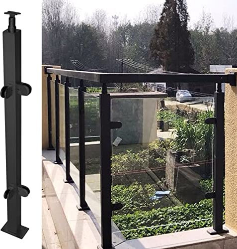 Ringhiera in Vetro Nero per Scale, Veranda e terrazza - Sistema corrimano Quadrato in Acciaio Inox, connettore per balaustra Antivento per Esterni (palo angolare da 150 cm/5 Piedi)