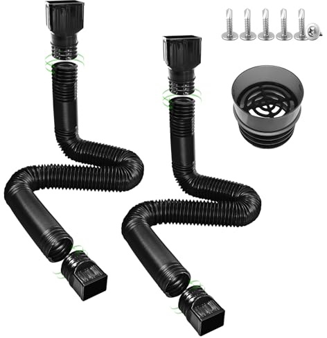 COYXiCE 2 Pack Gutter Downspout Extensions 138 with Filter, Corrugated Flexible Gutter Pipe, Rain Diverter, Down Spout Drain Extension, Extendable from 31.5 to 138, Screws for Included, Black