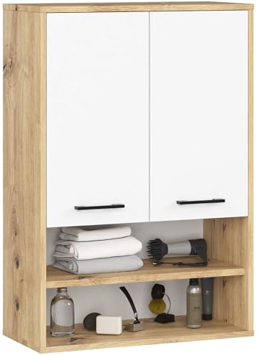 AKORD Badezimmer-Hängeschrank FIN 64 cm 2 Türen 2 Regalböden 2 offene Fächer B64xH94xT30 cm - mit Ablagen - Badschrank, Wandmontiert Gewicht 8,10kg Eiche Artisan & Weiß