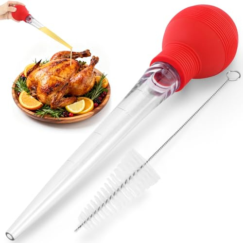 BAUSAR Large Turkey Baster for Cooking - Premium Baster Syringe for Hot Liquids - Heat-Resistant Silicone Bulb, Easy-Grip Design with Cleaning Brush - Dishwasher Safe - Baste Food with Ease - Red