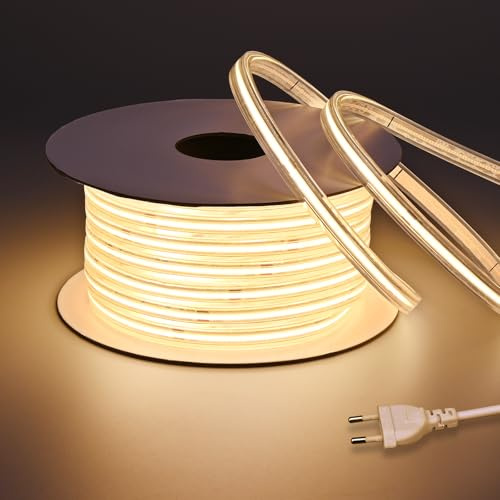 BENLUN Striscia LED COB 220V Esterno Trasparente Impermeabile IP65 20 Metri | 3000K Bianco Caldo Strisce LED Alta Luminosità 200W 480LEDs/M CRI 90+ Tagliabile per Cortile, Giardino, Camera da Letto