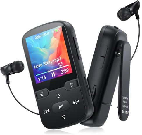 64GB Reproductor MP3 Bluetooth 5.3 con Clip, Reproductor de música portátil de Alta fidelidad para Deportes y niños (28 g), Radio FM, podómetro, grabadora de Voz, reproducción aleatoria y repetición