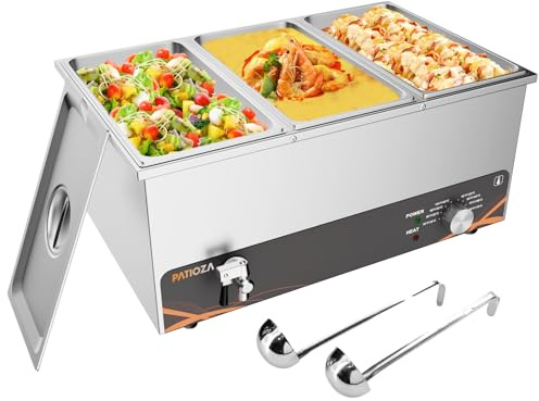PATIOZA Commercial Food Warmer 3 Pan with Tap and Soup Spoon,1500W Stainless Steel Electric Bain Marie for Parties, Catering and Restaurants,Temperature Control 30-85°C