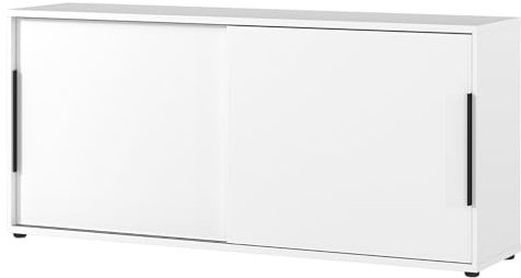 bümö Space Sideboard Weiss mit Schiebetüren, Aktenschrank Holz 160 cm breit - Büro Schrank mit Schiebetür, Büroschrank schmal für die Dachschräge - Kommode für Ordner