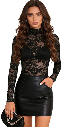EOAMGO Lace Mesh Long Sleeve Top for Women, Sheer Floral Lace See Through Blouse, Fitted Going Out Top for Party Club Night (Black, M)