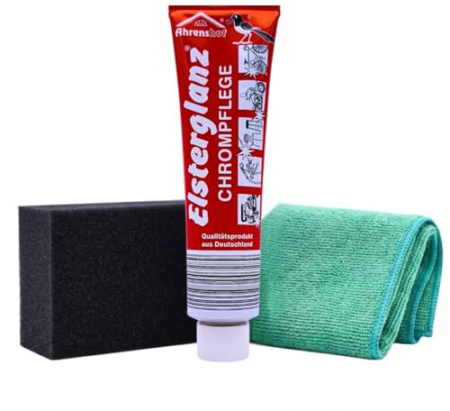 WEVOH Elsterglanz Chrompflege Politur Set mit Polierschwamm und Microfasertuch für Auto Motorrad Fahrrad sowie Haushalt und Sanitär Polierpaste Chrompolitur (150 ml)