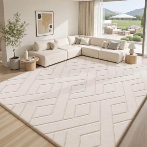 Sour Lemon Rugs Living Room 160x230cm, Cream Shaggy Area Rugs for Bedroom | 3D Modern Geometric Extra Large Rug, Checkered Pattern Washable Soft Short Pile Carpet with Nonslip Backing Mat for Kids Room
